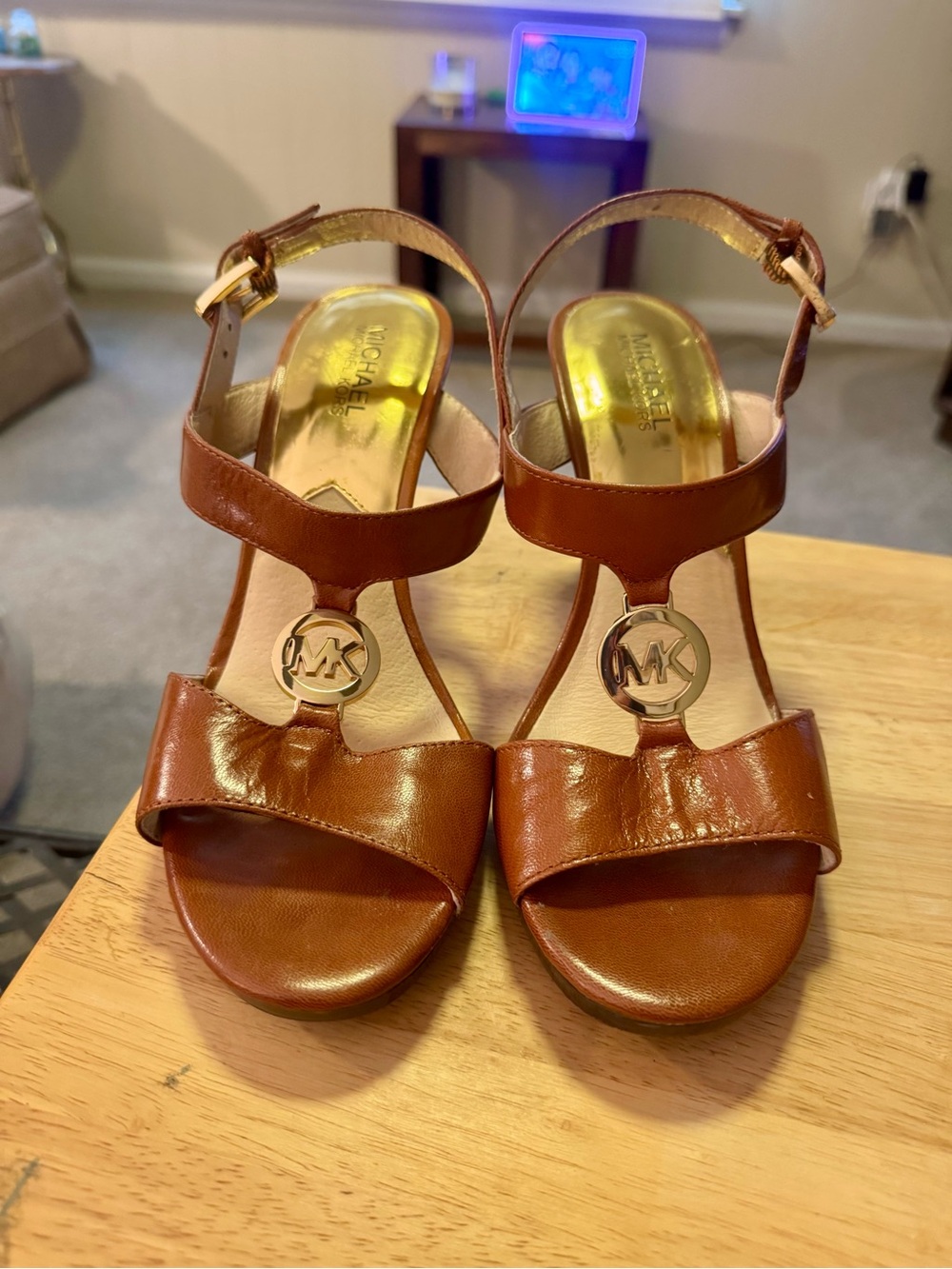 MICHAEL Michael Kors Brown Leather T-Strap Sandals with Gold MK Logo